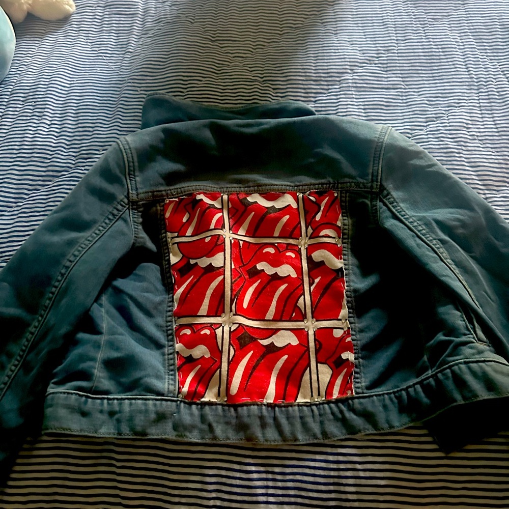 Repurposed kids jean jacket Rolling Stones with gem embellishment